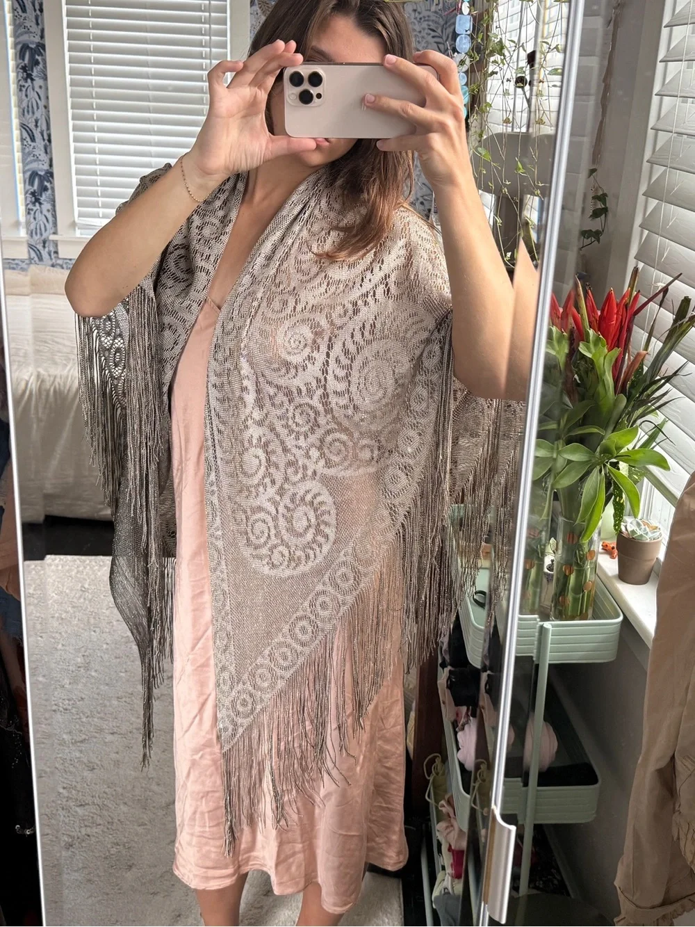Vintage Japan Butterfly Shimmer Metallic Lace Fringe Triangle Shawl Wrap Boho